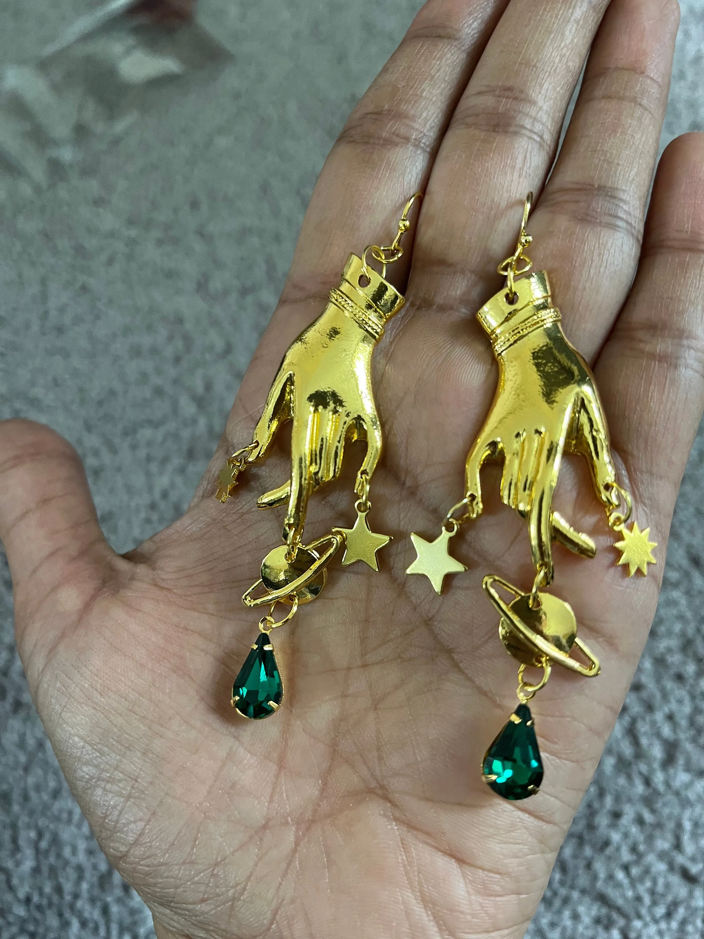 Emerald earrings , dark green hand earring , gold hand palm earring , celestial earrings , moon star earring , planet earrings