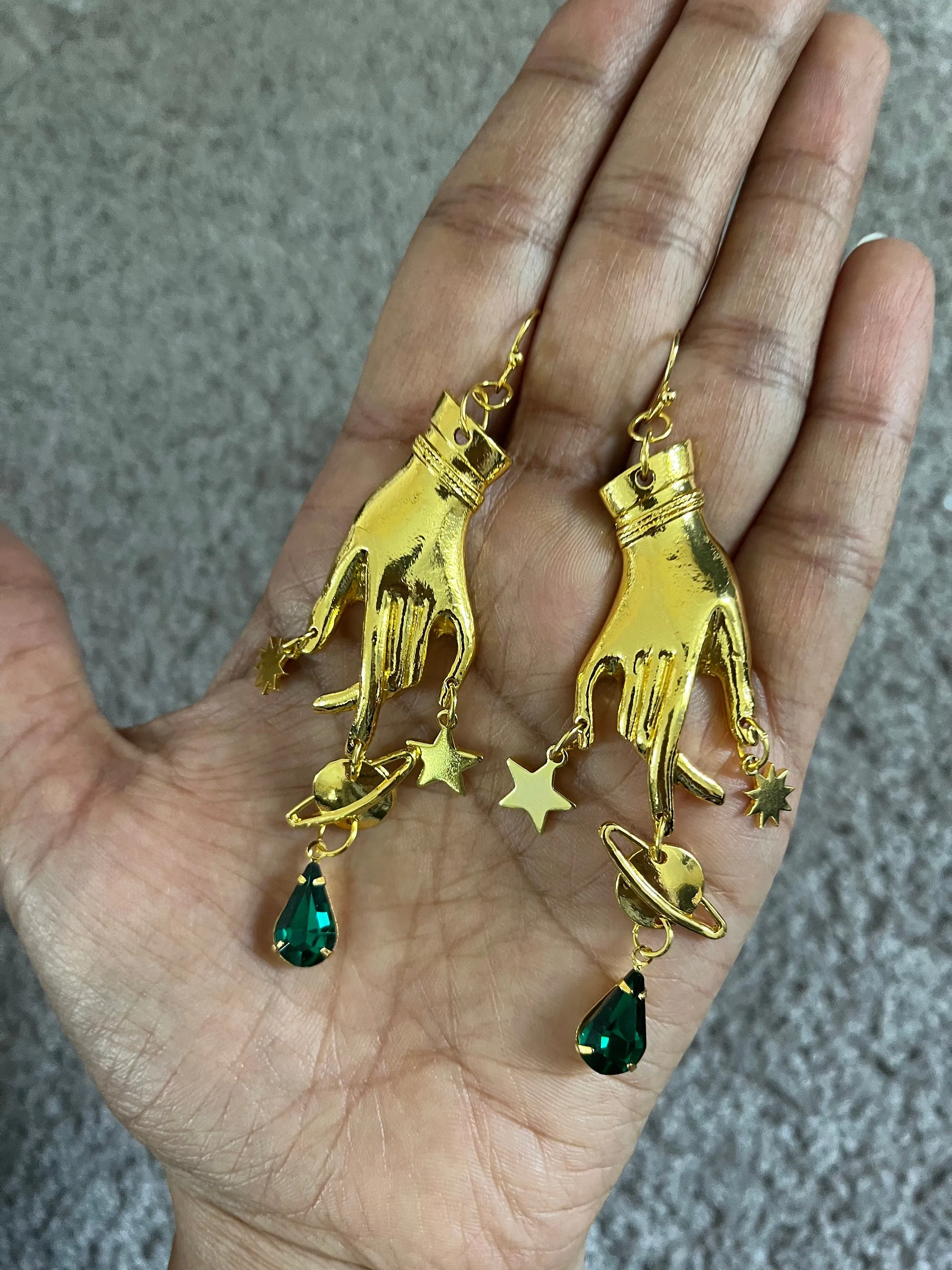 Emerald earrings , dark green hand earring , gold hand palm earring , celestial earrings , moon star earring , planet earrings