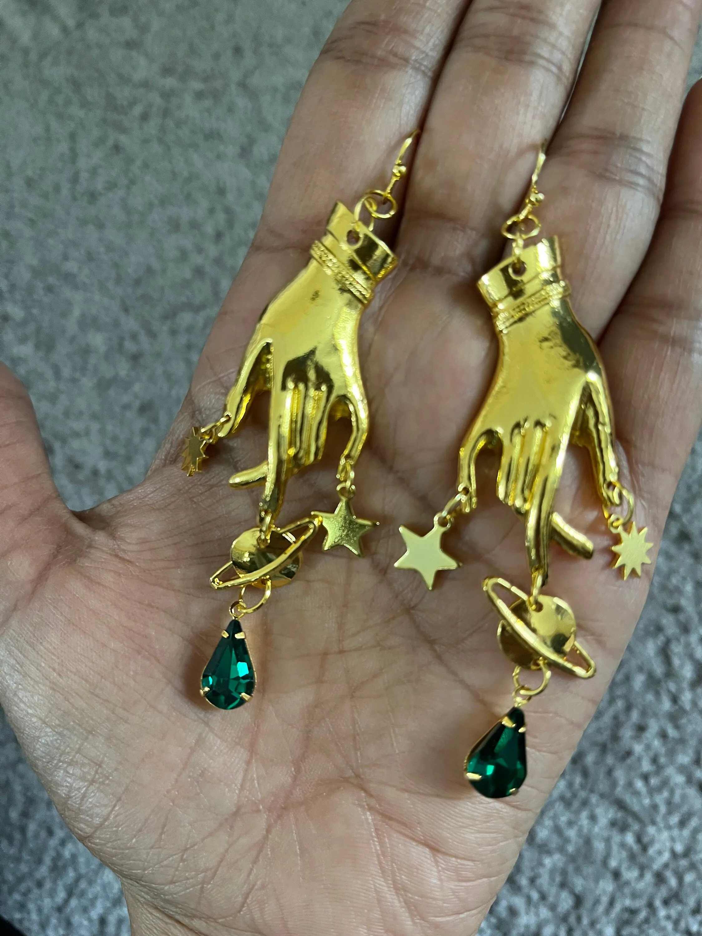 Emerald earrings , dark green hand earring , gold hand palm earring , celestial earrings , moon star earring , planet earrings