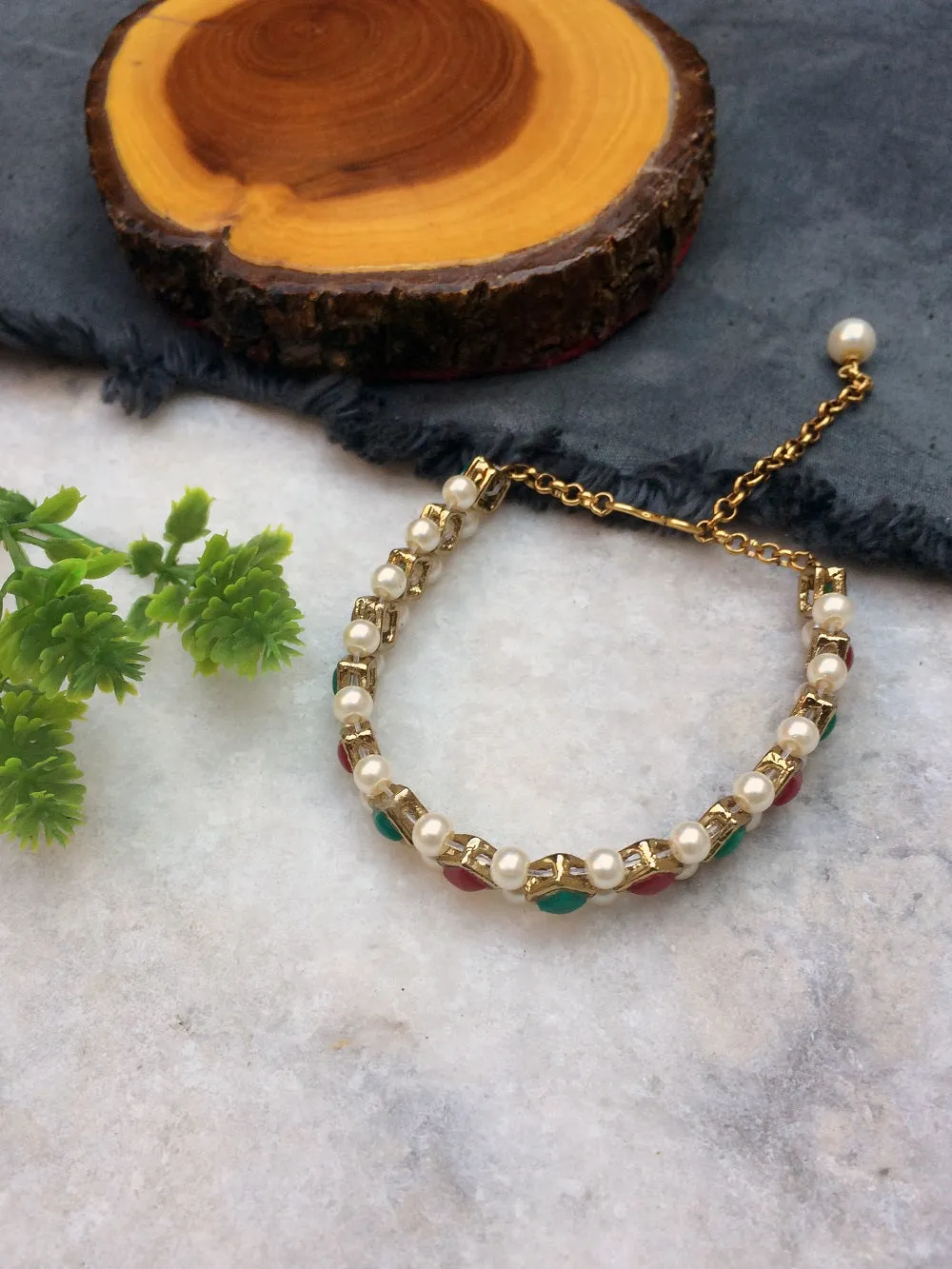 Emerald-Marsala Stone and Pearl Bracelet