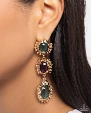Emotional Elegance - Green - and Purple Bead Gold Frame Paparazzi Post Earrings