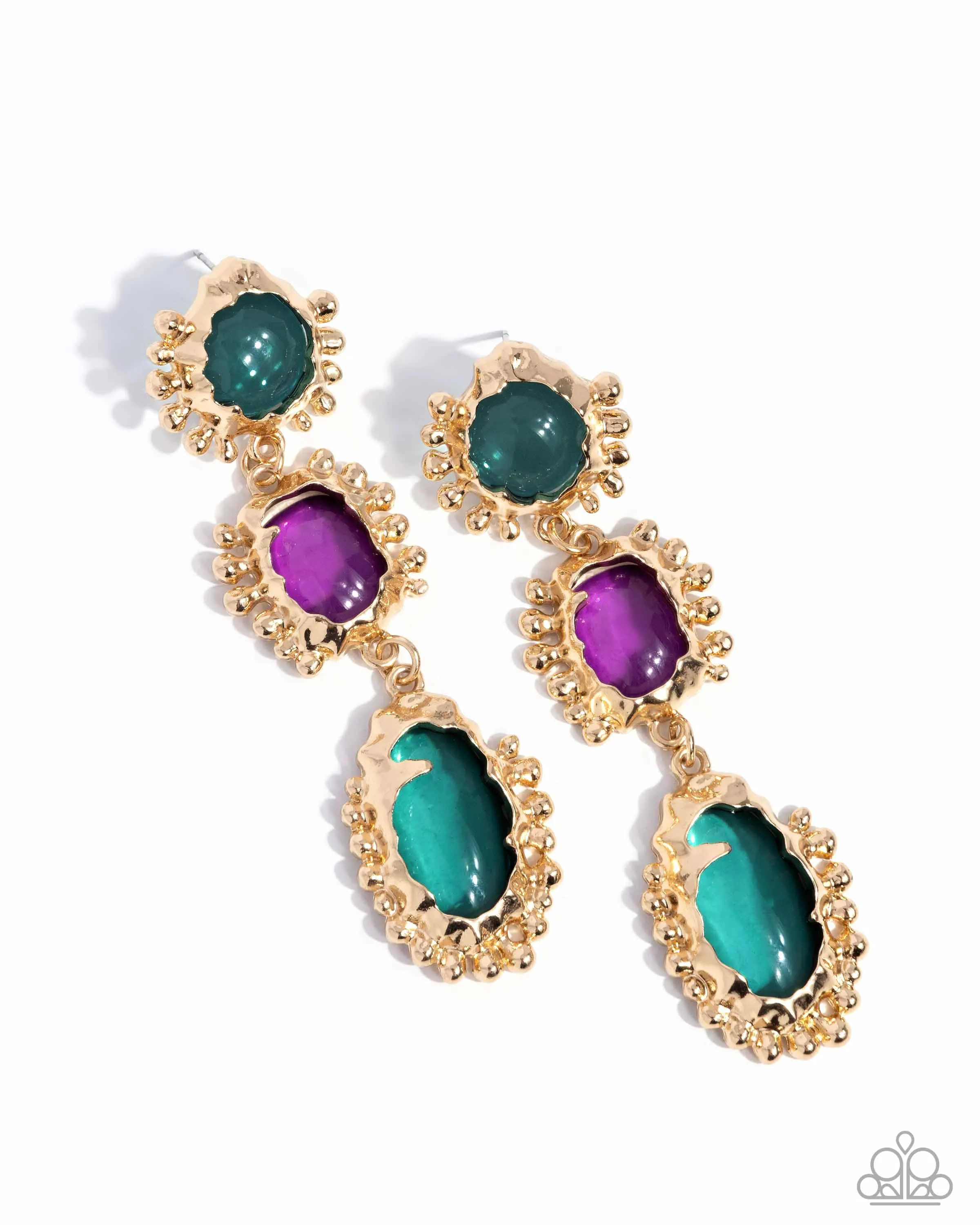 Emotional Elegance - Green - and Purple Bead Gold Frame Paparazzi Post Earrings