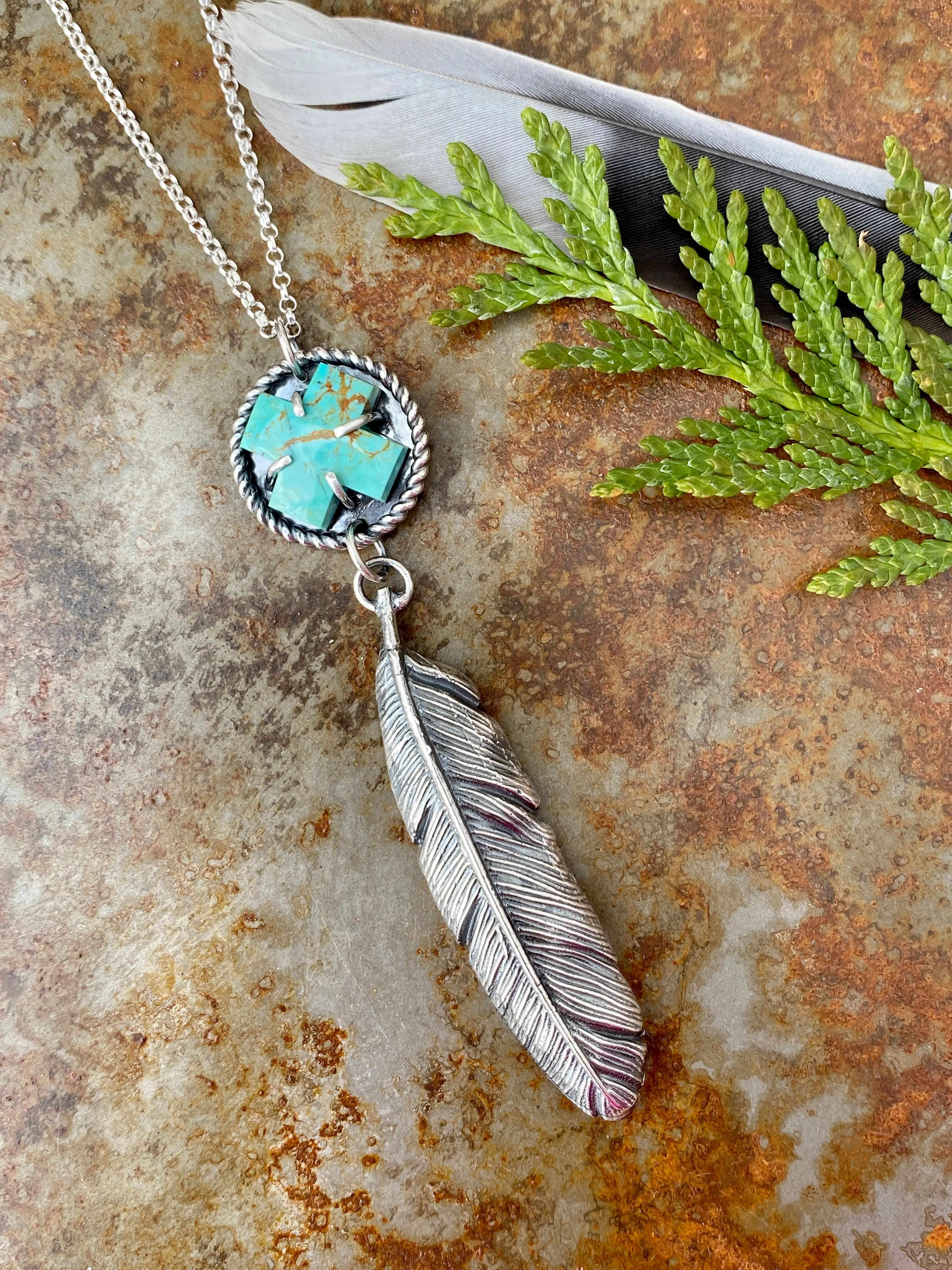 Feather and turquoise sterling silver necklace