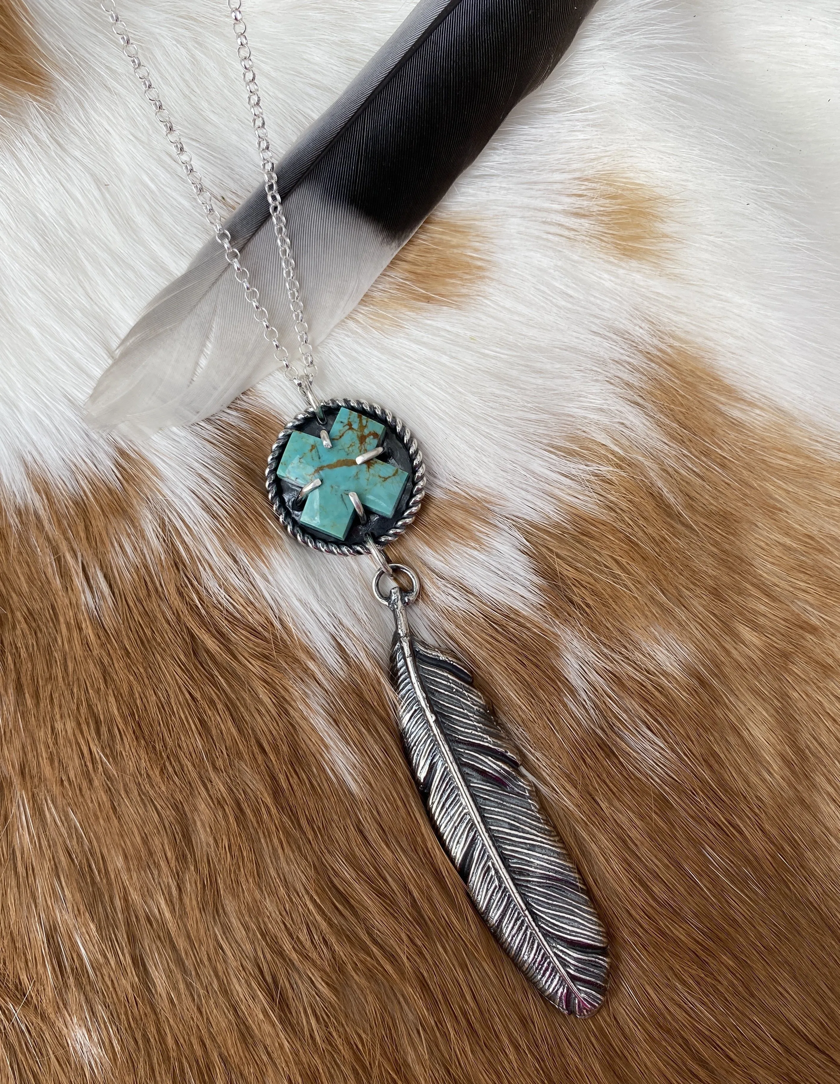 Feather and turquoise sterling silver necklace