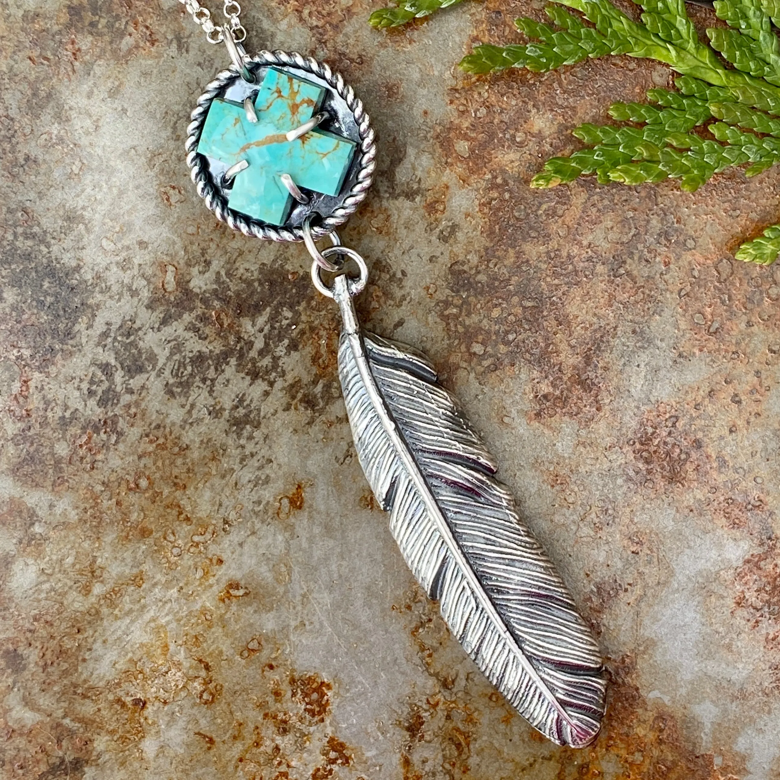 Feather and turquoise sterling silver necklace
