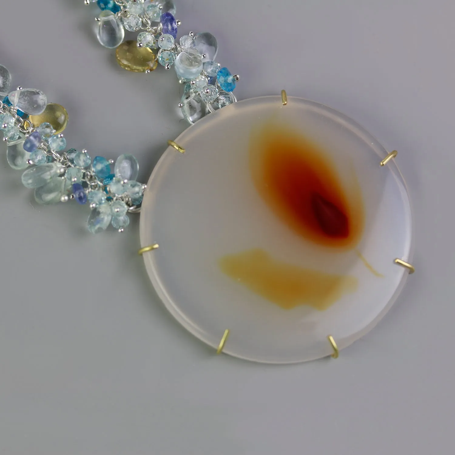 Feather Montana Moss Agate with Gemstone Cluster Chain. 18k Gold and Silver.