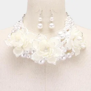 Floral White Collar Crystal Pearl Braid Necklace Set