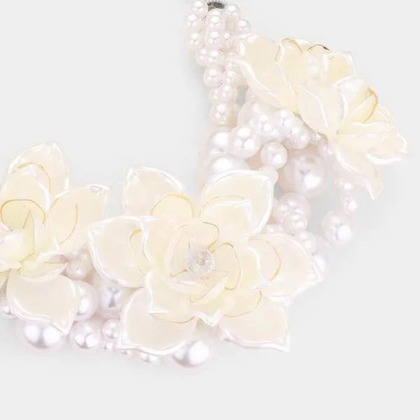 Floral White Collar Crystal Pearl Braid Necklace Set