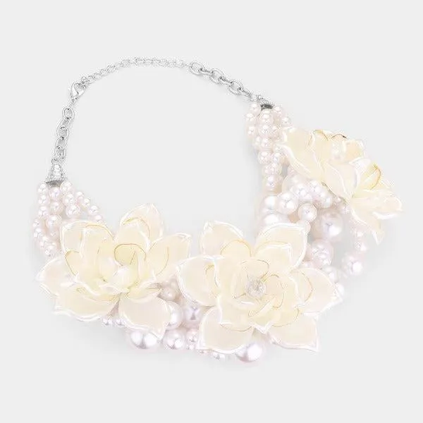 Floral White Collar Crystal Pearl Braid Necklace Set