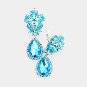 Flower Aqua Blue Crystal Teardrop Dangle Clip on Earrings