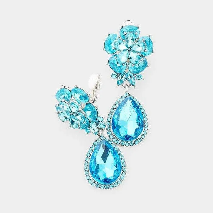 Flower Aqua Blue Crystal Teardrop Dangle Clip on Earrings