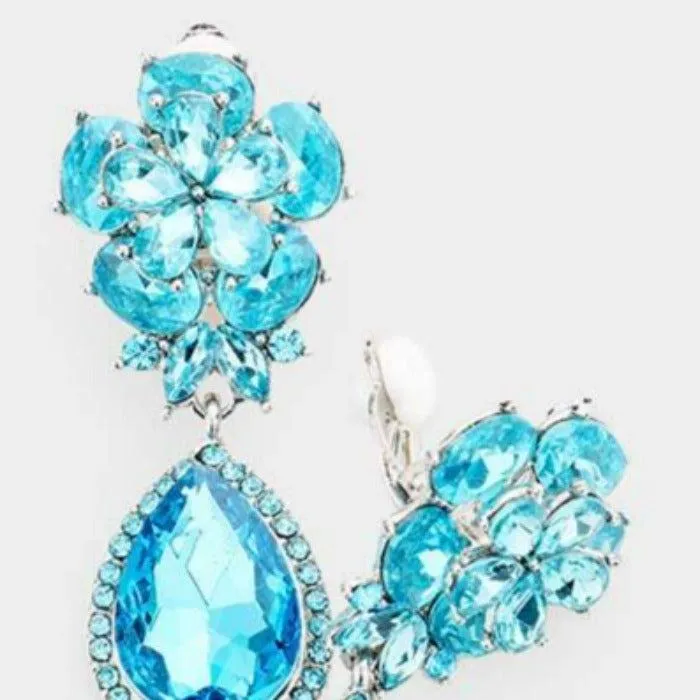 Flower Aqua Blue Crystal Teardrop Dangle Clip on Earrings