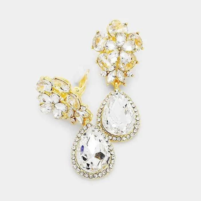 Flower Clear Crystal Teardrop Dangle Clip on Earrings