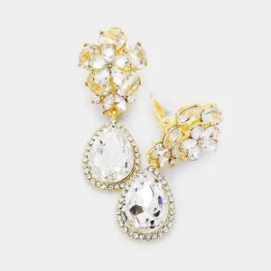 Flower Clear Crystal Teardrop Dangle Clip on Earrings