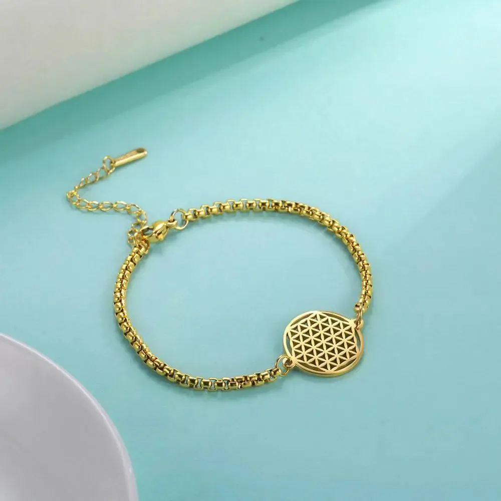 Flower of Life Bracelet Stainless Steel Sacred Geometry Mandala Box Chain Bracelets Bangle Pulseira Jewelry Gifts for Women Men