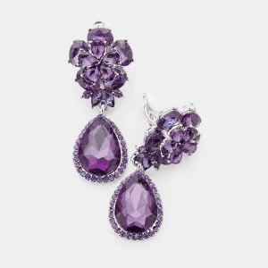 Flower Purple Crystal Teardrop Dangle Clip on Earrings