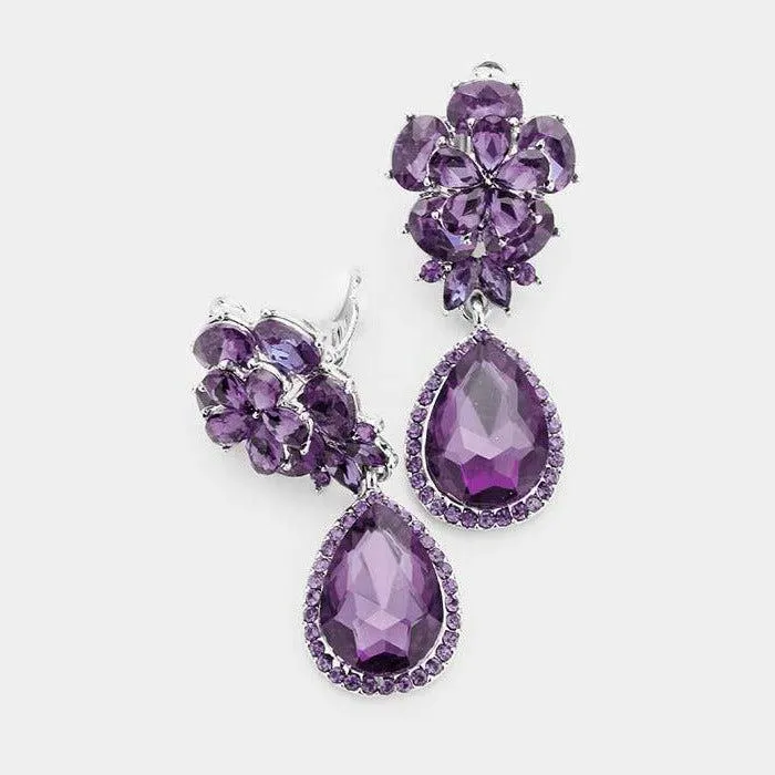 Flower Purple Crystal Teardrop Dangle Clip on Earrings