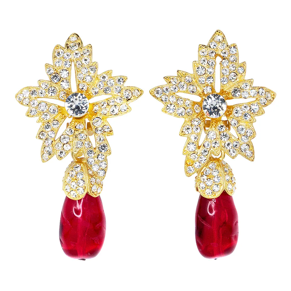 Flower Top Teardrop Clip Earrings