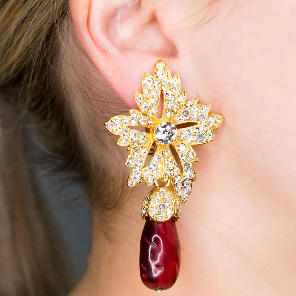 Flower Top Teardrop Clip Earrings