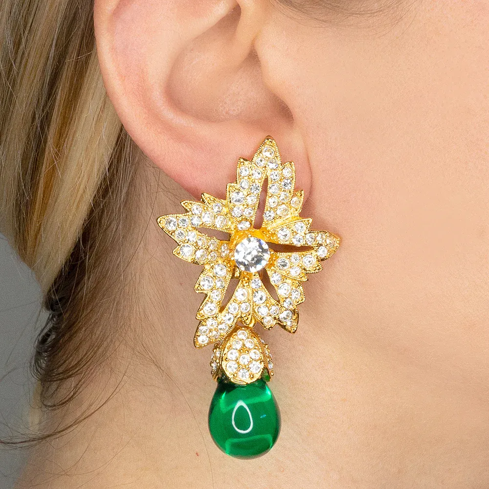 Flower Top Teardrop Clip Earrings