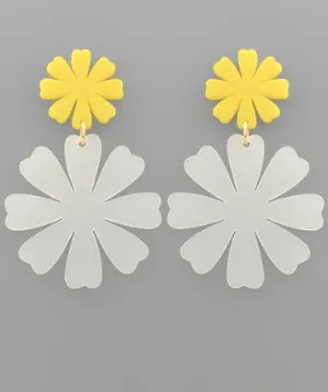 Frosted Double Daisy Acrylic Drop Earrings Clear/Yellow