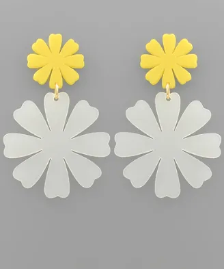 Frosted Double Daisy Acrylic Drop Earrings Clear/Yellow