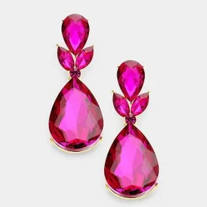 Fuchsia Pink Flower Crystal Teardrop Earrings