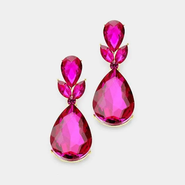 Fuchsia Pink Flower Crystal Teardrop Earrings