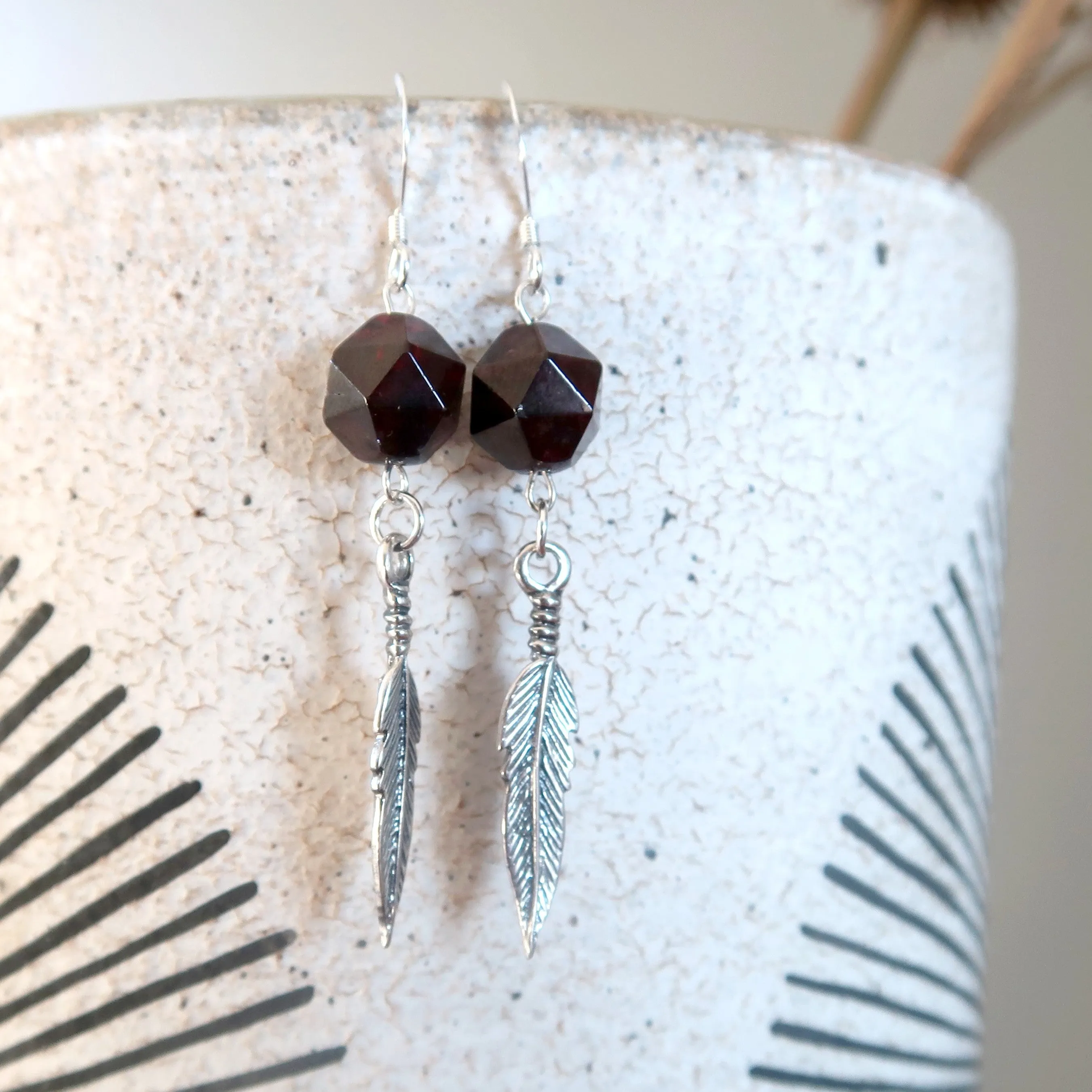 Garnet Earrings Flying Feather High Vibe Sterling Silver