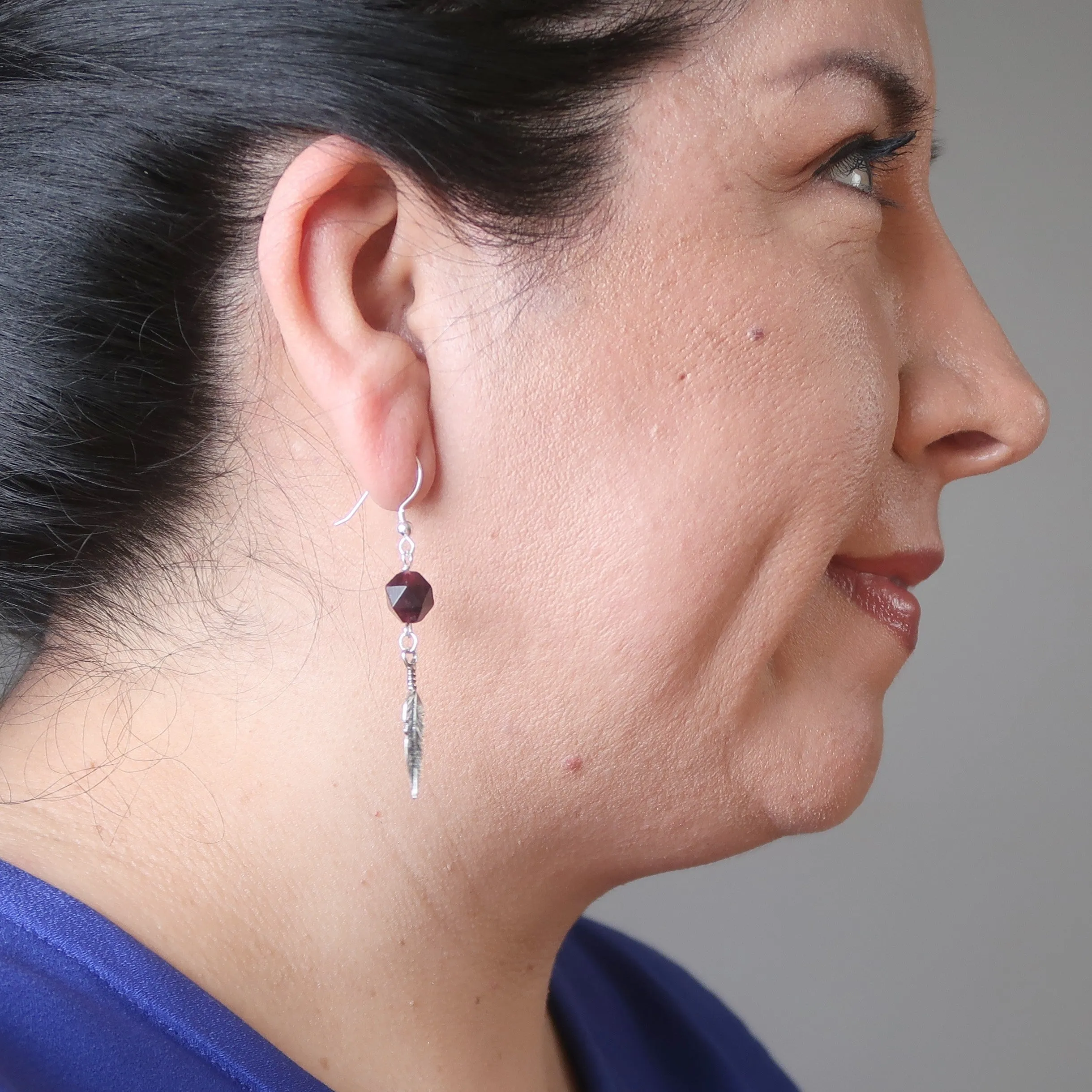 Garnet Earrings Flying Feather High Vibe Sterling Silver