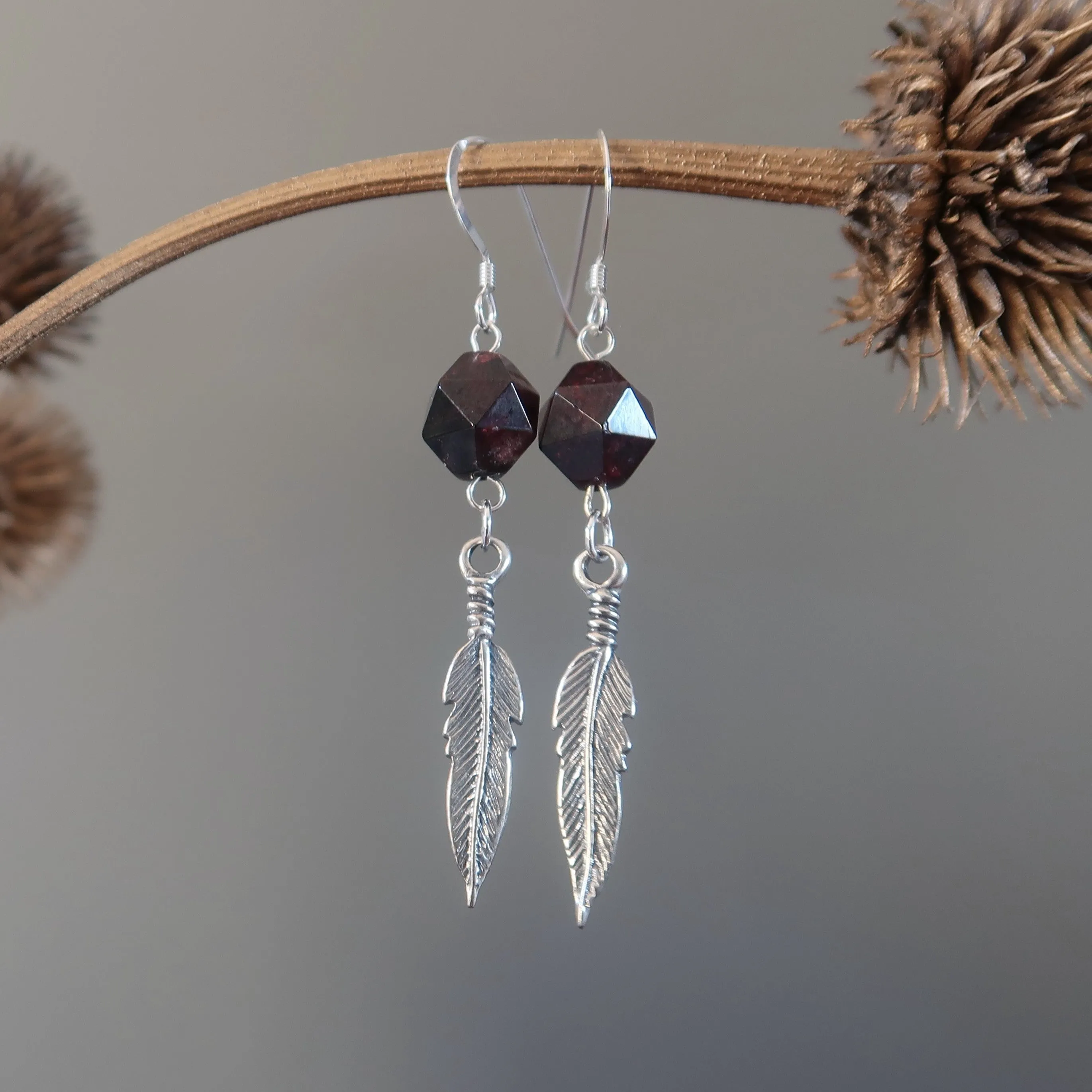 Garnet Earrings Flying Feather High Vibe Sterling Silver