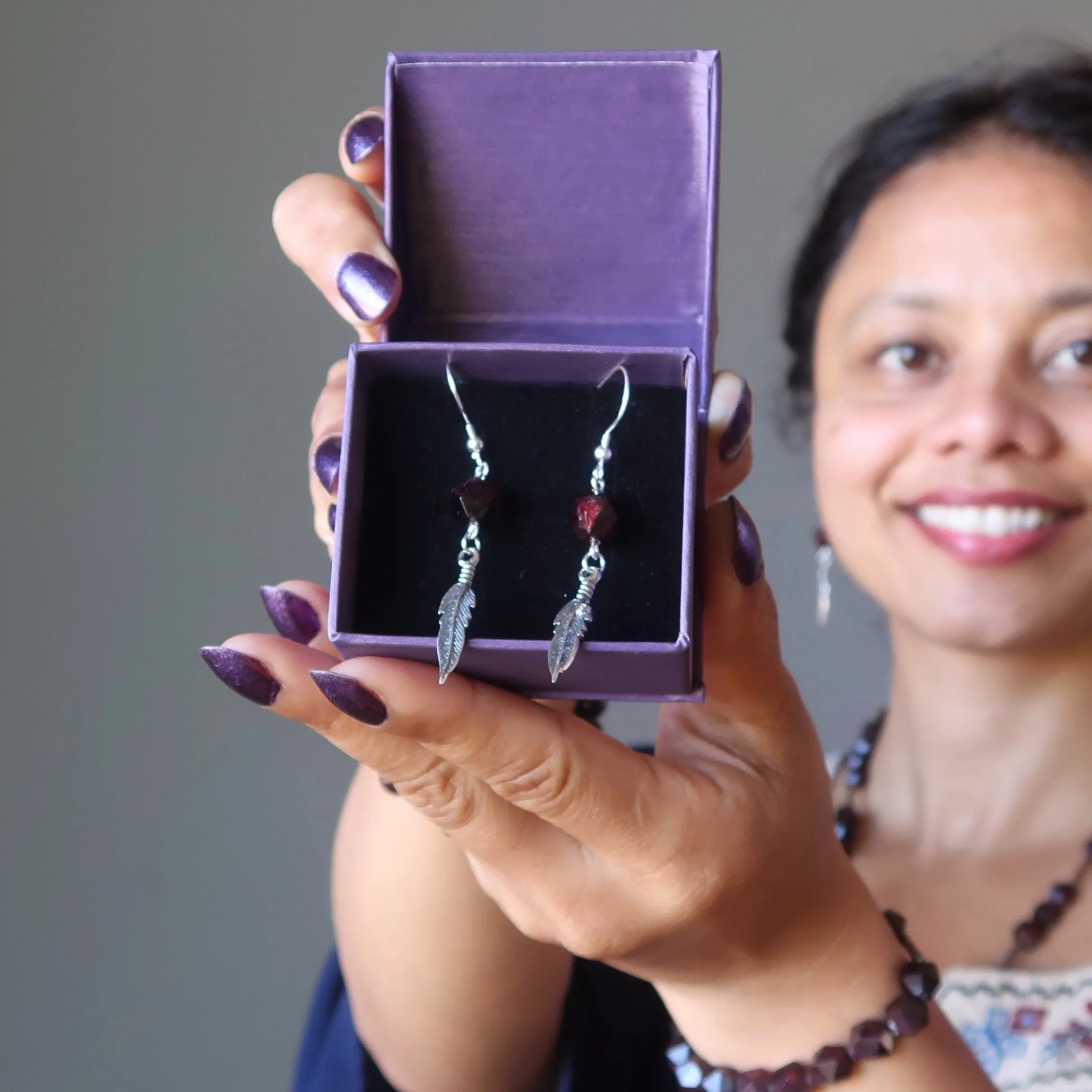 Garnet Earrings Flying Feather High Vibe Sterling Silver