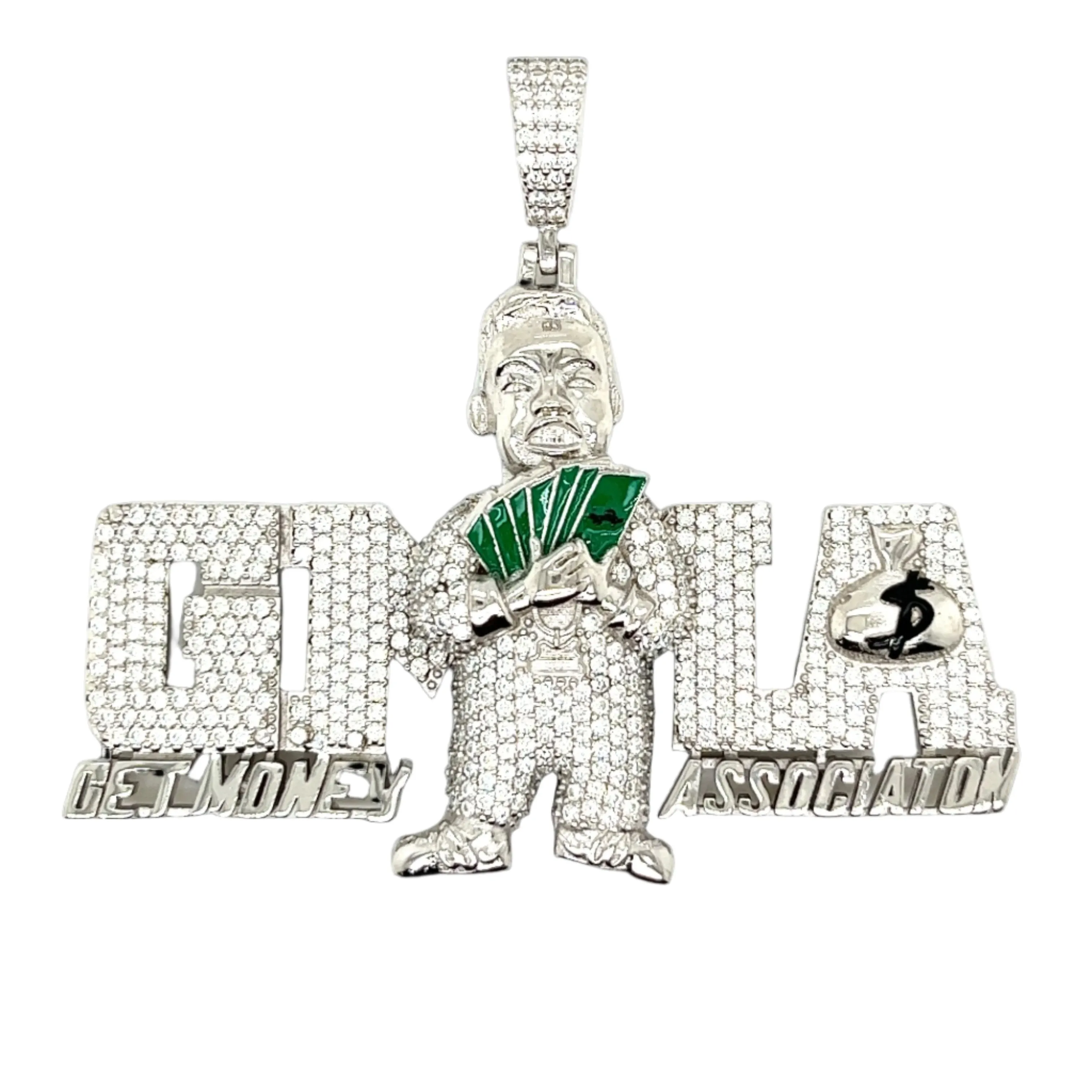 Get Money Associaton Sterling Silver 2.5" Mens Rapper Charm Pendant -  C477189