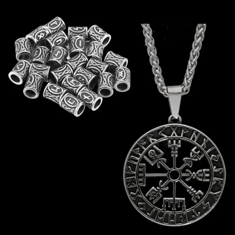 Gift Box Vegvisir Runic Pendant and Viking Beard Beads