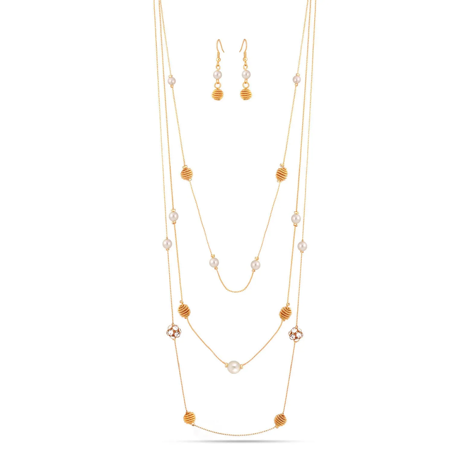 GOLD 9MM CRYSTAL BALL AND WHITE PEARL  EARRINGS AND  NECKLACE SET #SQ5818G (OB22)