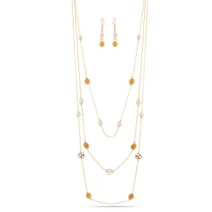 GOLD 9MM CRYSTAL BALL AND WHITE PEARL  EARRINGS AND  NECKLACE SET #SQ5818G (OB22)