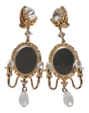 Gold Brass Clear Crystal Mirror Element Clip Dangling Earrings