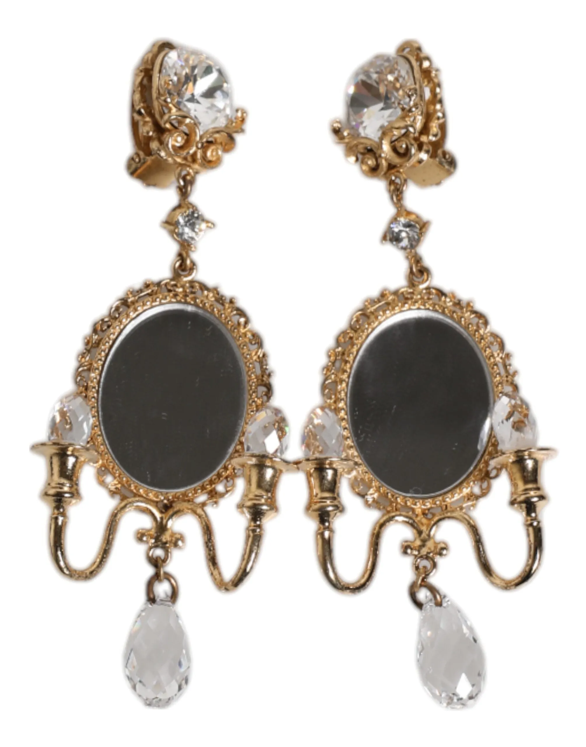 Gold Brass Clear Crystal Mirror Element Clip Dangling Earrings