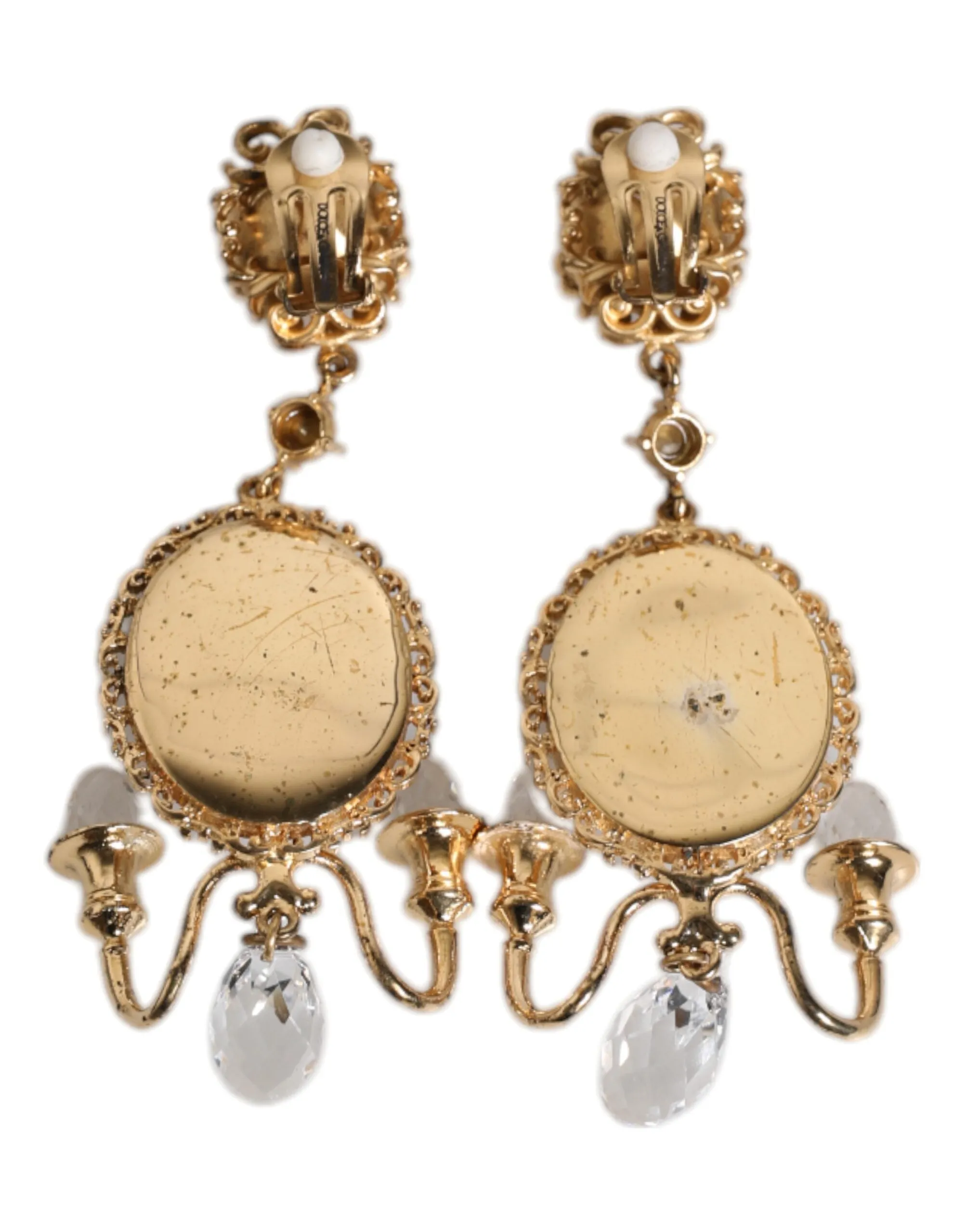 Gold Brass Clear Crystal Mirror Element Clip Dangling Earrings