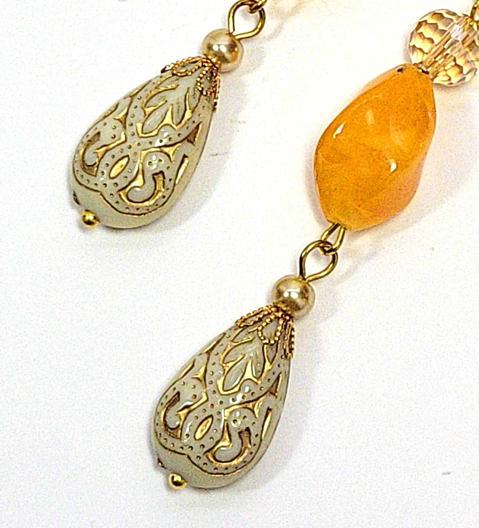 Gold Embossed Teardrop and Crystal Long Boho Dangle Earrings - Ivory and Golden Amber