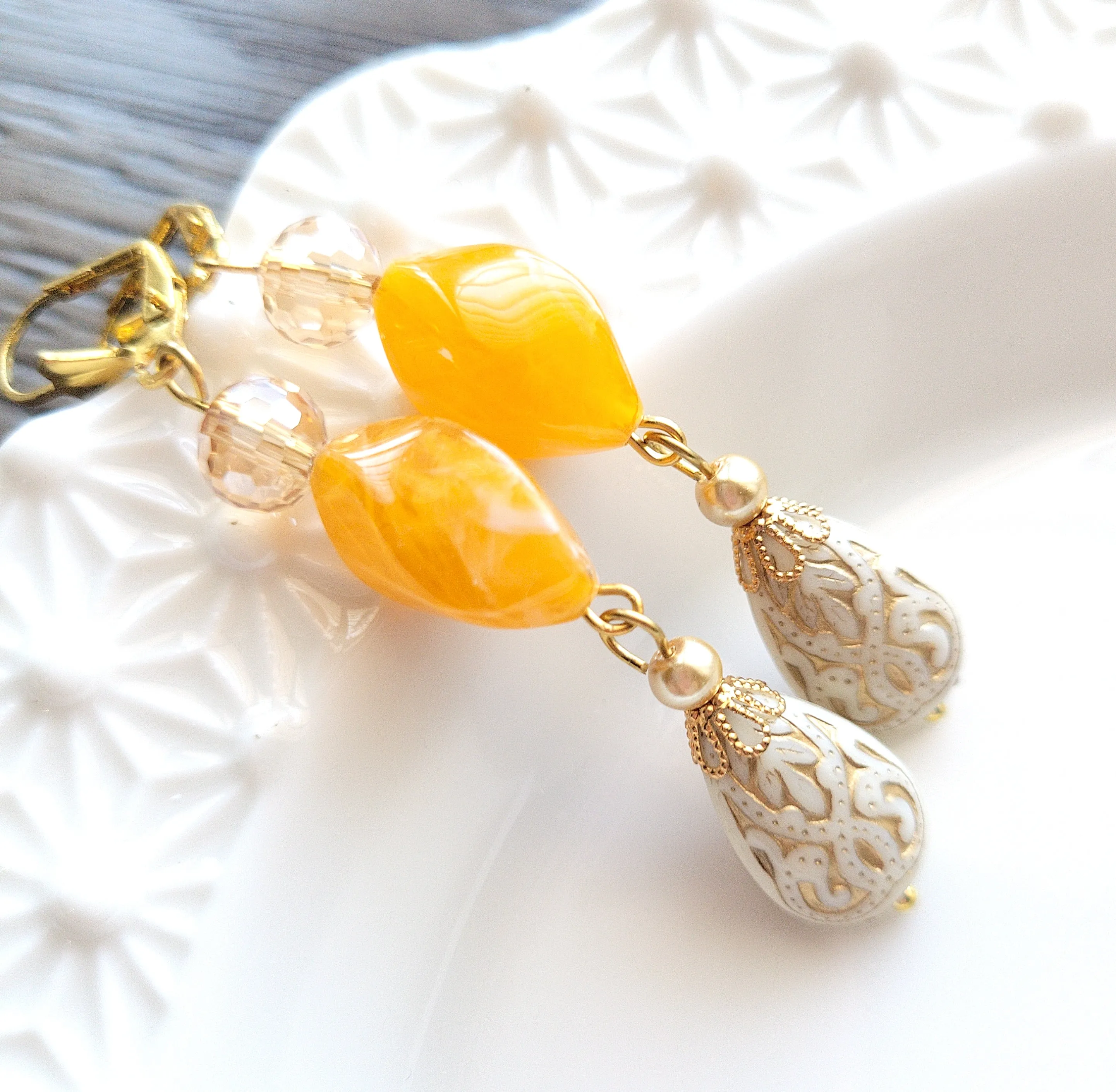 Gold Embossed Teardrop and Crystal Long Boho Dangle Earrings - Ivory and Golden Amber