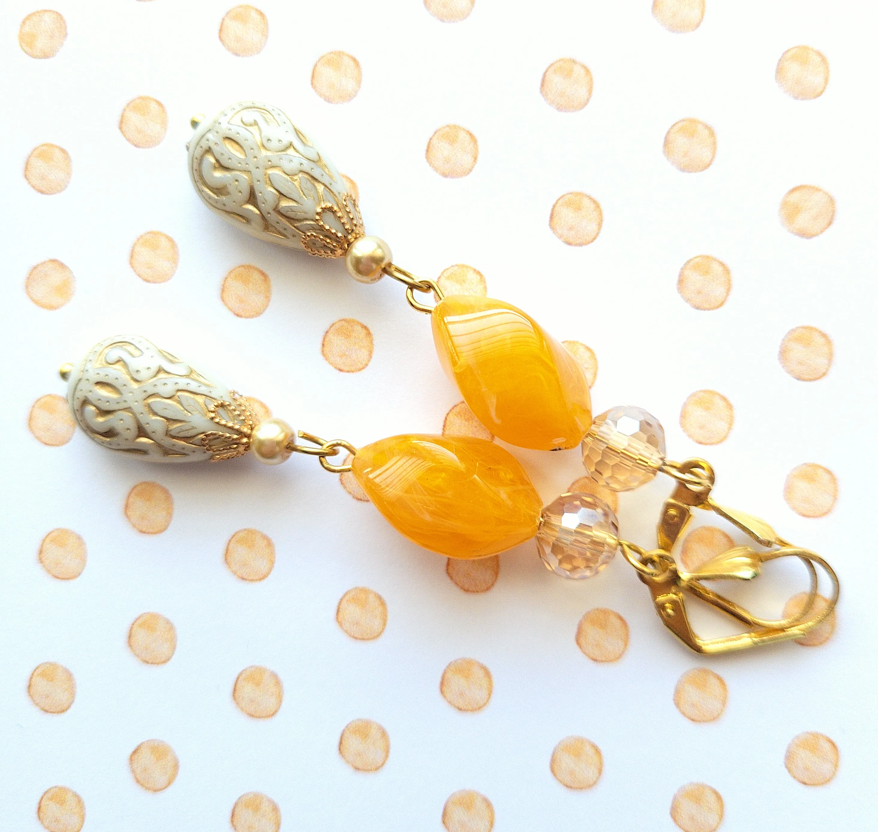 Gold Embossed Teardrop and Crystal Long Boho Dangle Earrings - Ivory and Golden Amber