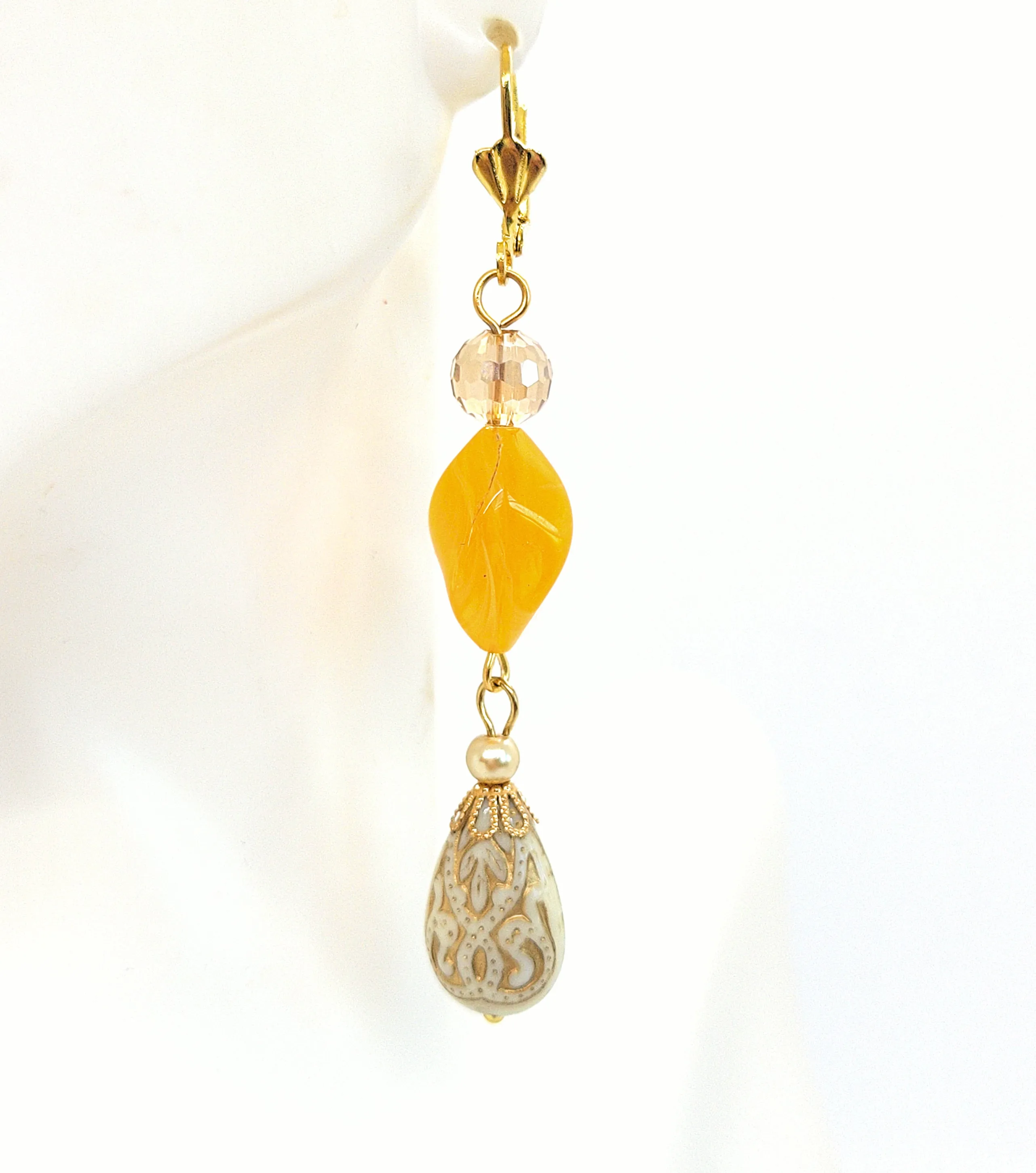 Gold Embossed Teardrop and Crystal Long Boho Dangle Earrings - Ivory and Golden Amber