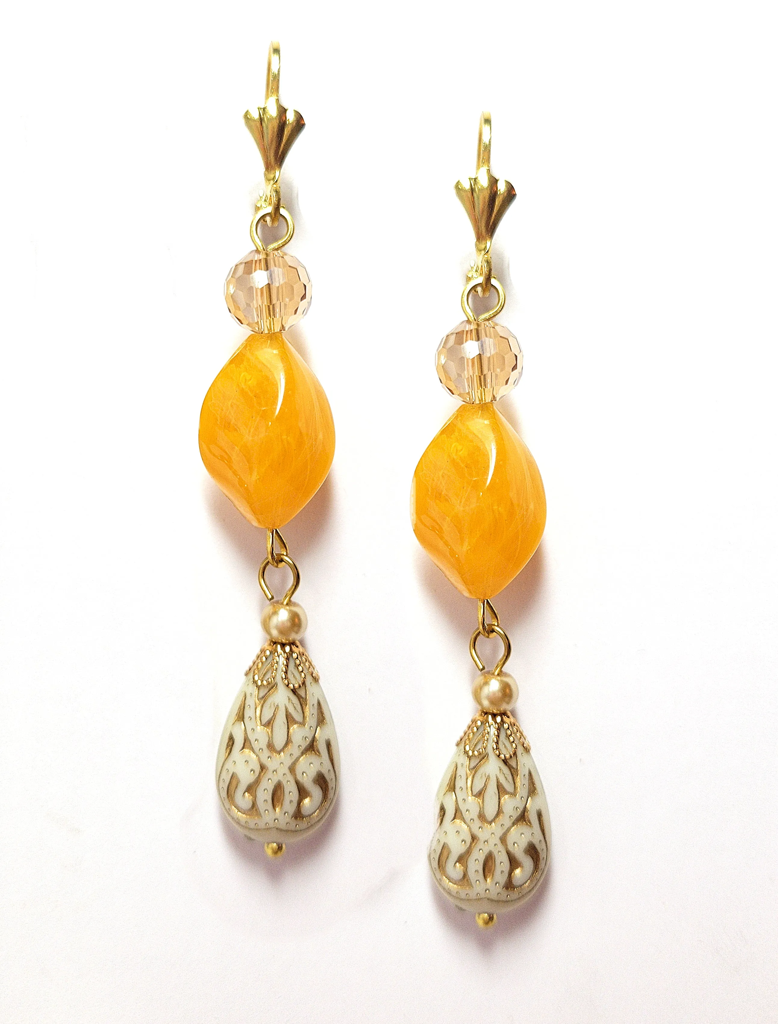 Gold Embossed Teardrop and Crystal Long Boho Dangle Earrings - Ivory and Golden Amber
