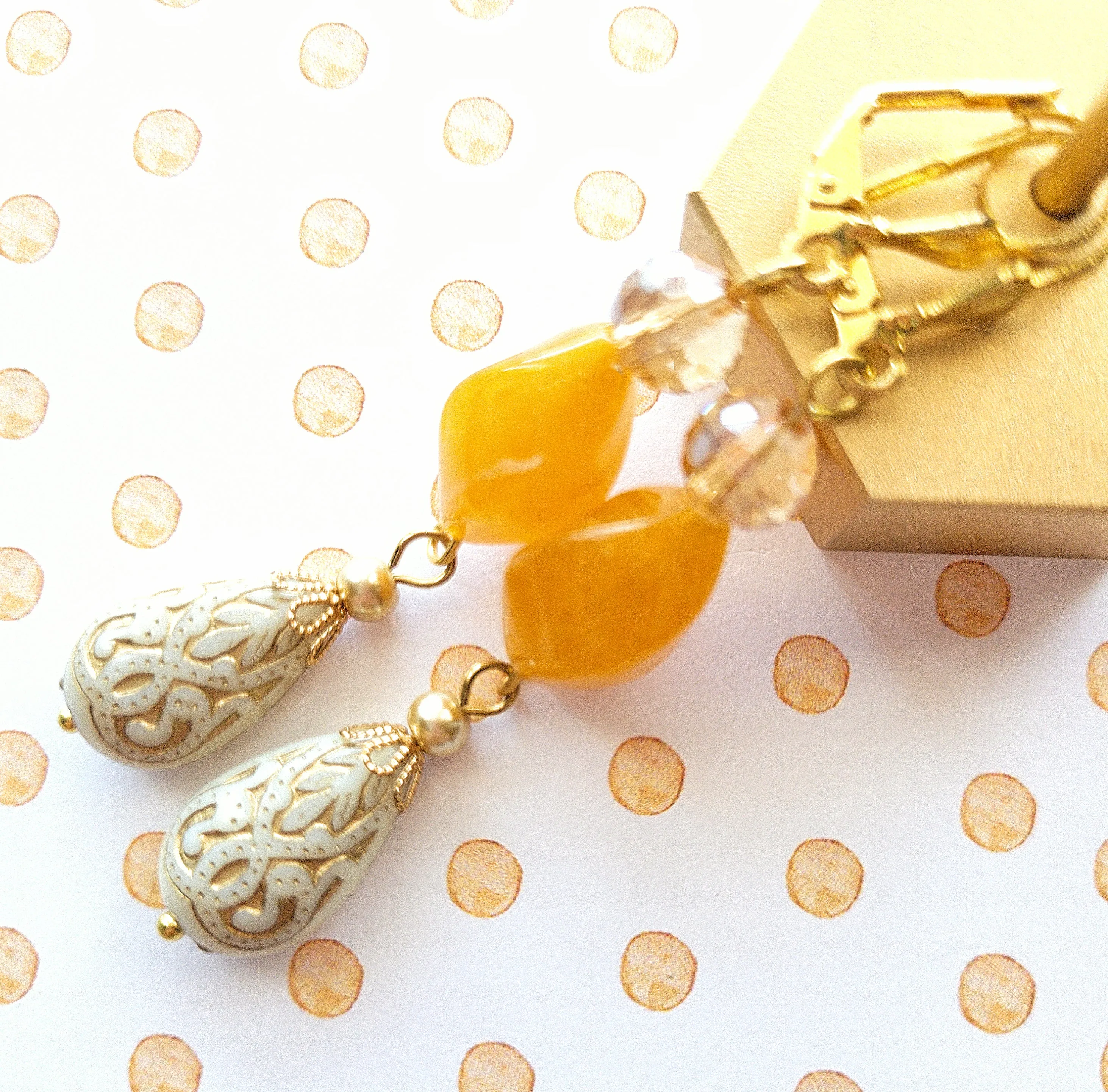 Gold Embossed Teardrop and Crystal Long Boho Dangle Earrings - Ivory and Golden Amber