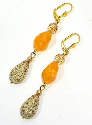 Gold Embossed Teardrop and Crystal Long Boho Dangle Earrings - Ivory and Golden Amber