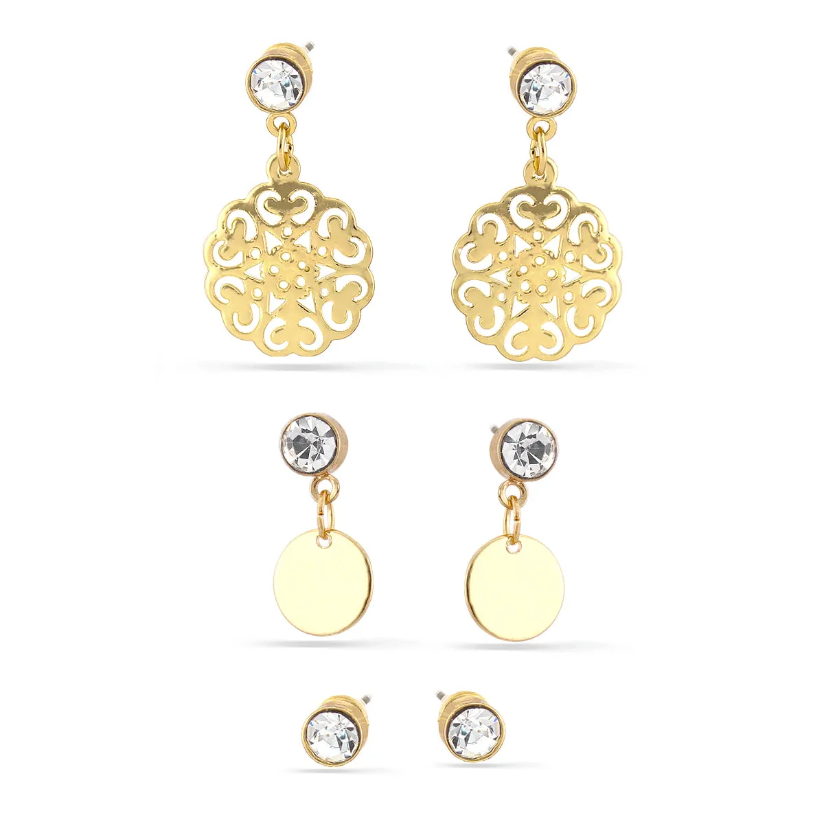 GOLD FILIGREE CRYSTAL SET OF 3 STUD  EARRINGS #SWR-CP3218 (GF3)