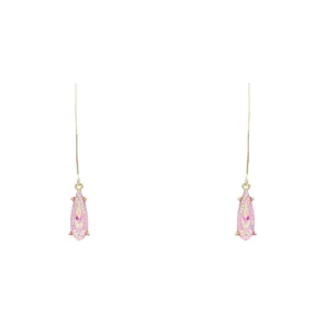 Gold Fishhook Teardrop Earring with Pink Crystal