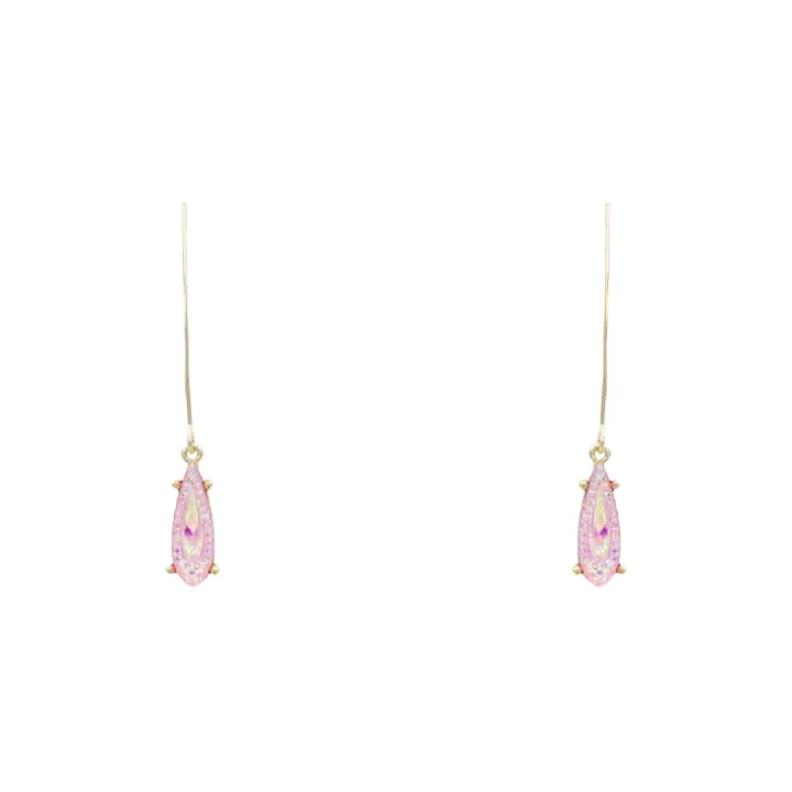 Gold Fishhook Teardrop Earring with Pink Crystal