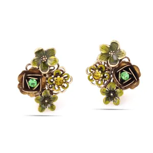GOLD GREEN FLOWER CRYSTAL CLIP ON EARRINGS #216GN3601